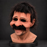 Wild-Haired Comedic Character Silicone Mask with Big Nose and Mustache