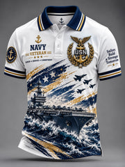 Men's US Navy Casual Color Blocking Art Print Polo Shirt