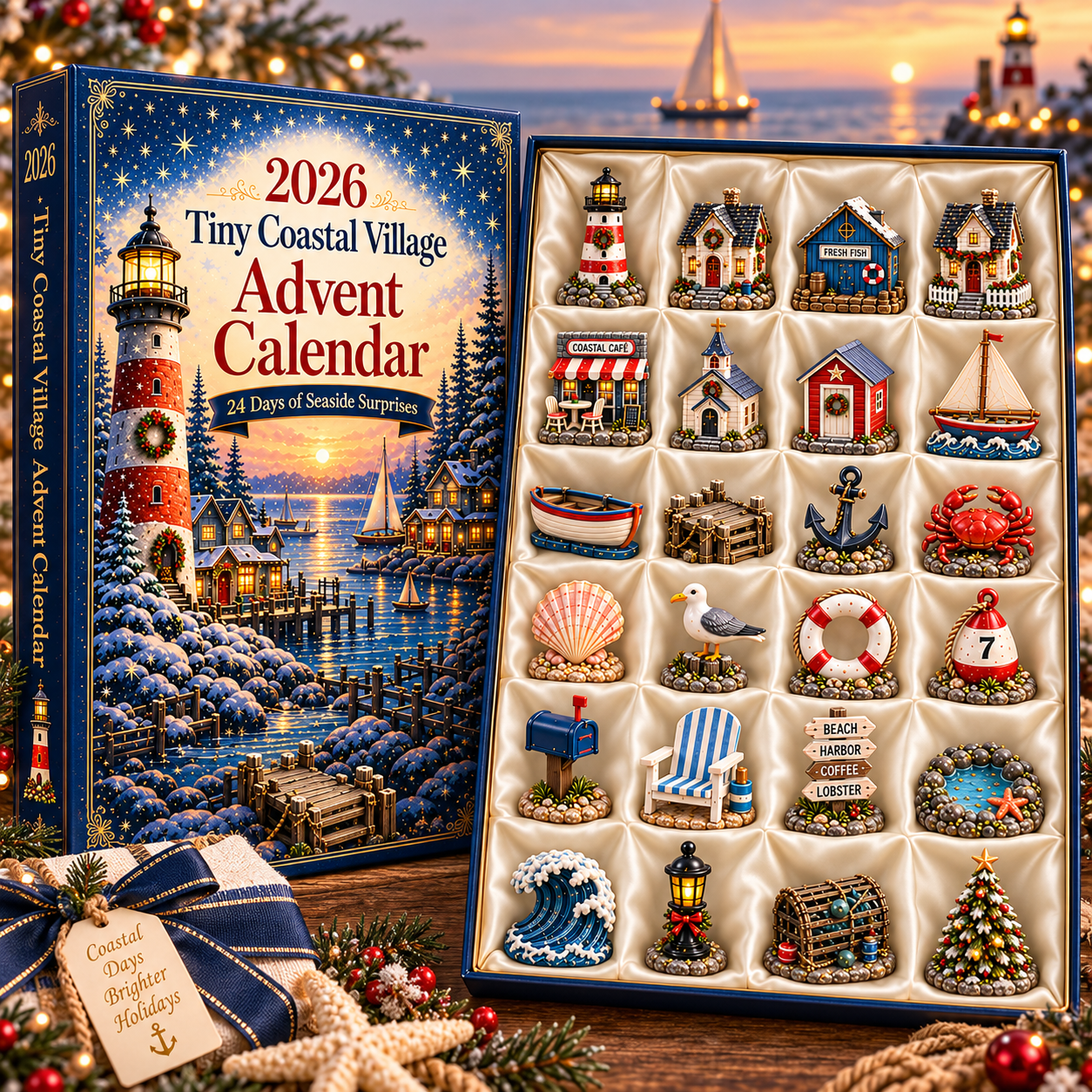 Tiny Coastal Village Advent Calendar 2026 – 24 Days of Seaside Surprises with 24 Unique Collectible Miniatures, Lighthouse & Harbor Christmas Gift for Coastal Lovers
