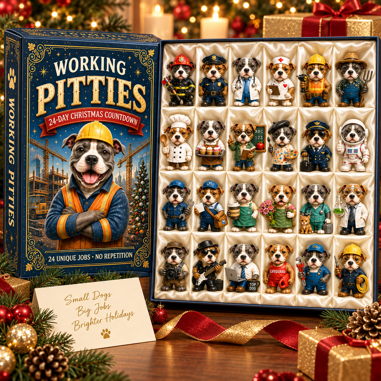 2026 Working Pitties 24-Day Christmas Countdown Calendar – 24 Unique Career Pit Bull Miniatures, Funny Working Dog Collector’s Gift for Pittie Lovers