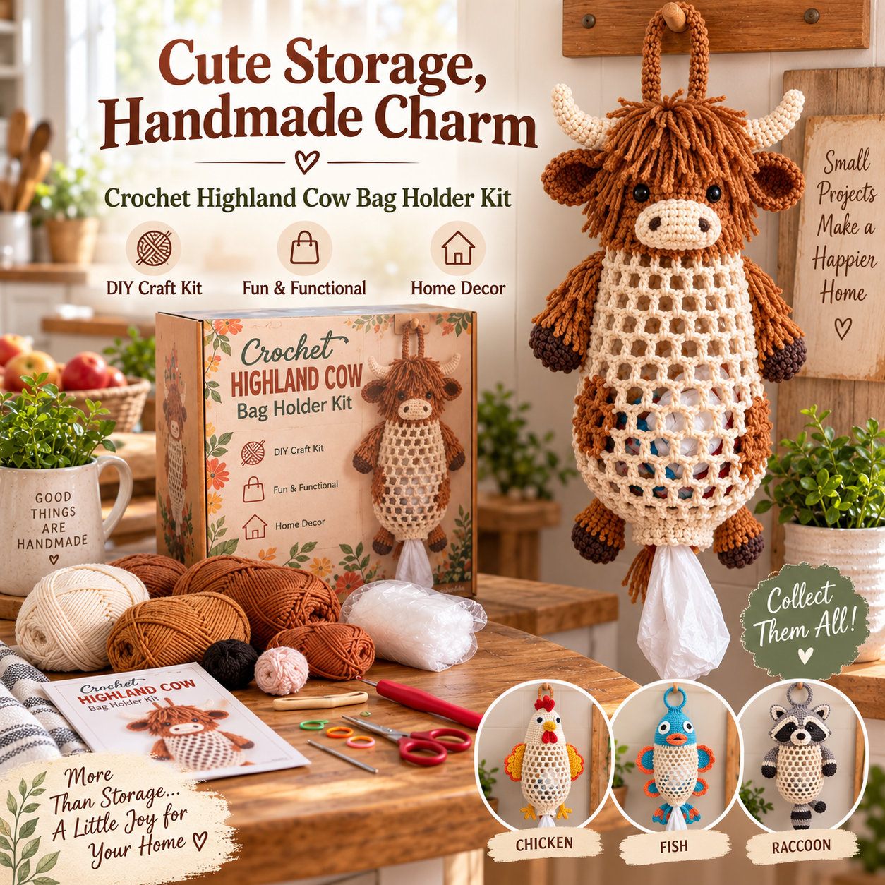 🧘Step-by-Step Guide Included🧶Crochet Animal Bag Holder Kit – Cute & Functional DIY Home Storage