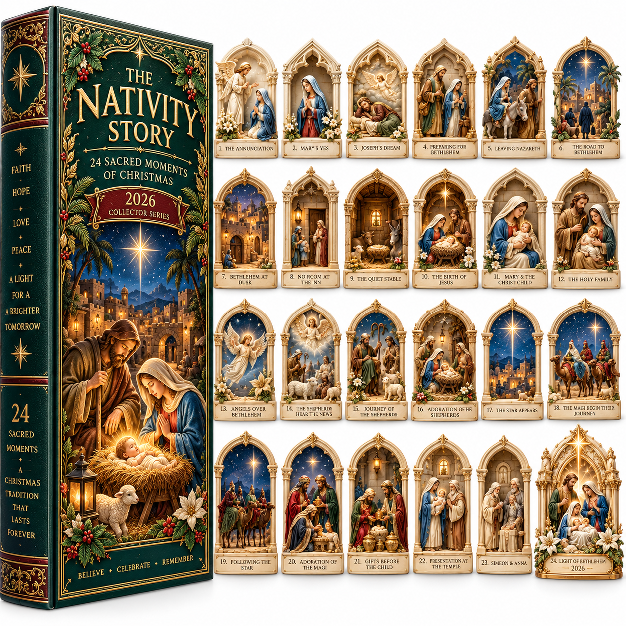 Nativity Story 2026 – 24 Sacred Moments of Christmas Countdown Calendar with 24 Unique Nativity Miniatures, Christian Christmas Collectible Gift