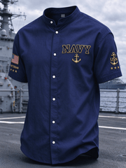 Men's American Veterans Print Stand-Up Collar Shirt