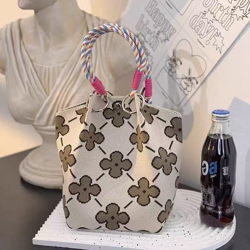Unique Creative Floral Cartoon Handbag Knitted Bag Commuter Bag Portable Cute Woven Shopping Tote