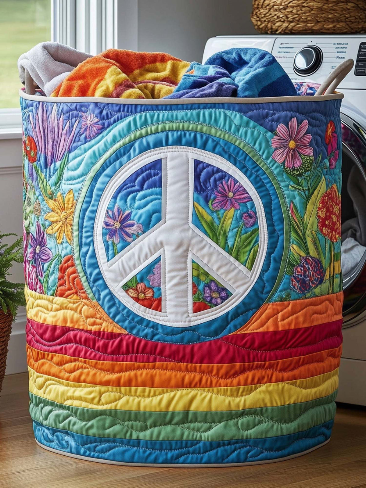 Hippie Peace Quilted Laundry Basket