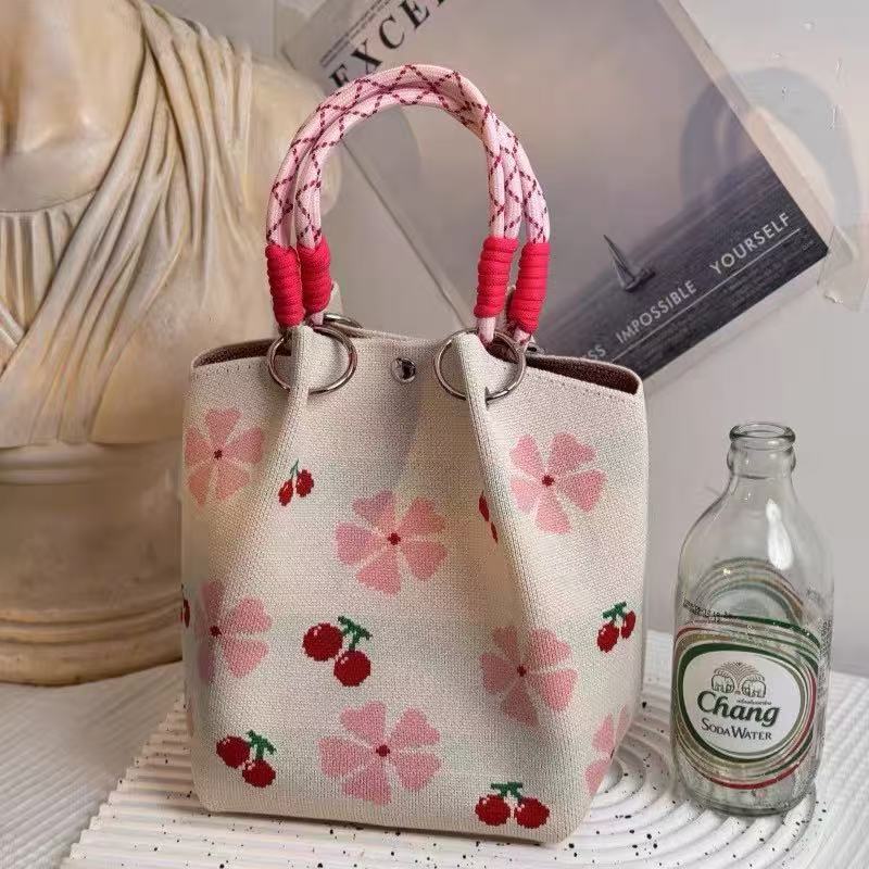 Unique Creative Floral Cartoon Handbag Knitted Bag Commuter Bag Portable Cute Woven Shopping Tote