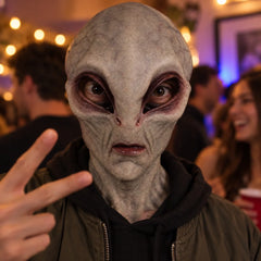 Green-Toned Alien Silicone Mask with Large Black Eyes