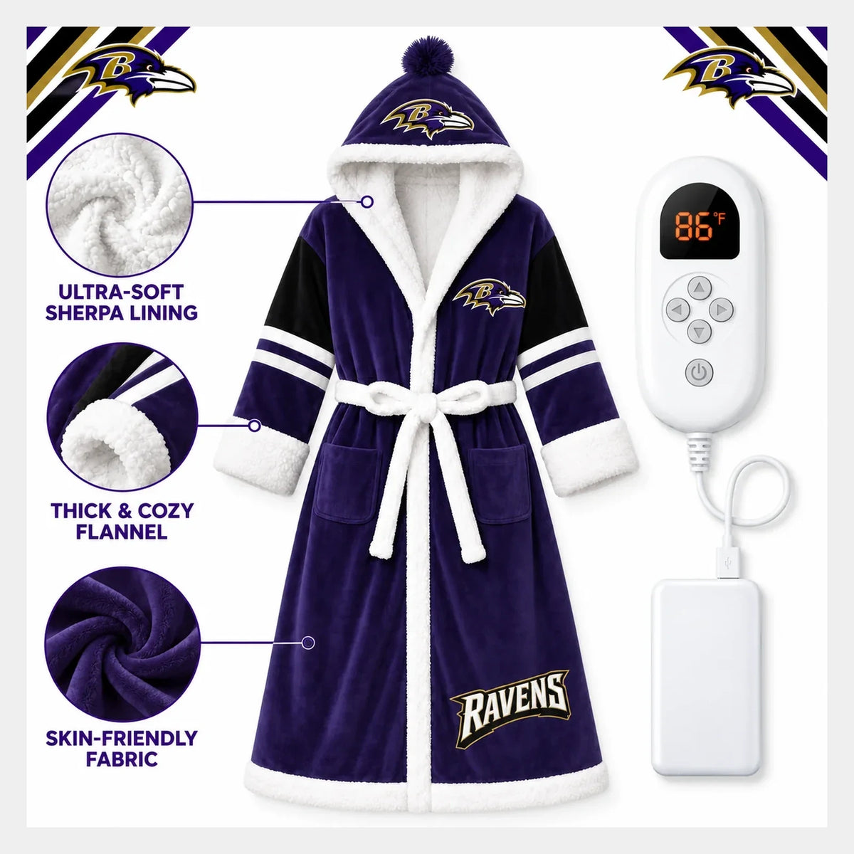 Ravens USB Heated Sherpa Football Robe