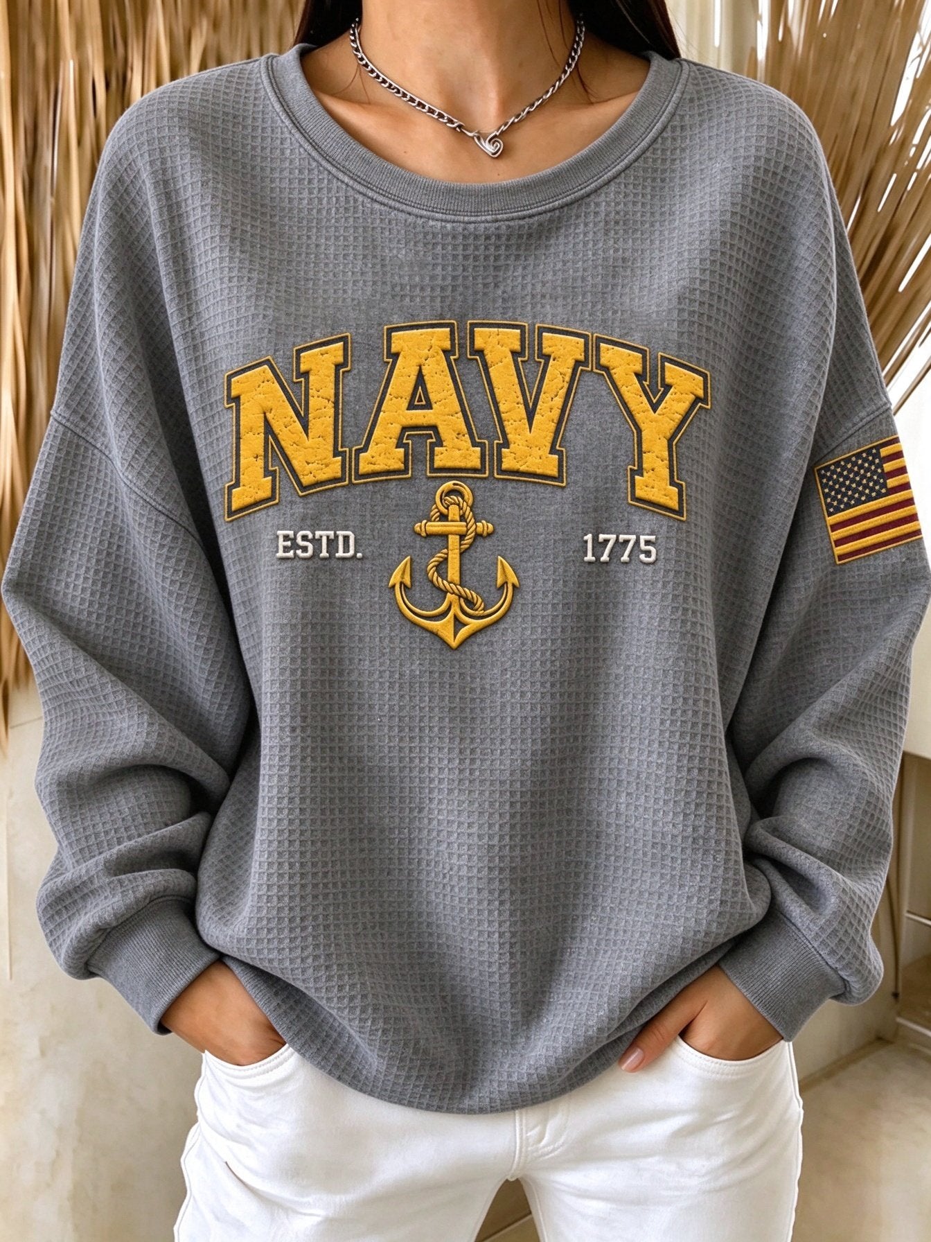 Women's Casual Veterans Day Print Waffle-Knit Long-Sleeve Top