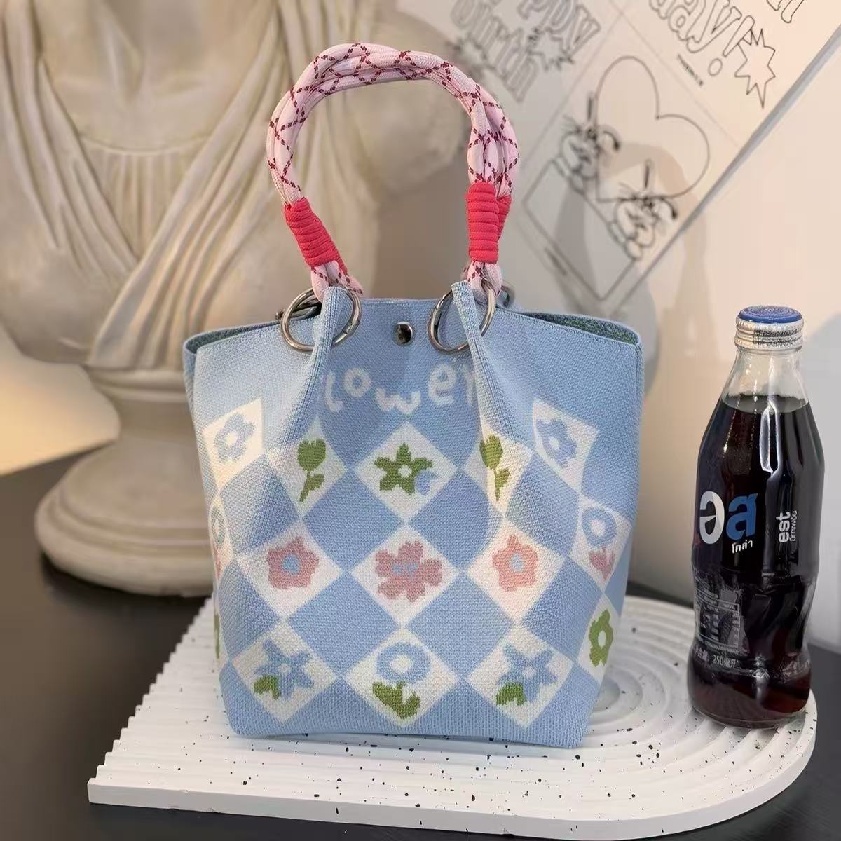 Unique Creative Floral Cartoon Handbag Knitted Bag Commuter Bag Portable Cute Woven Shopping Tote