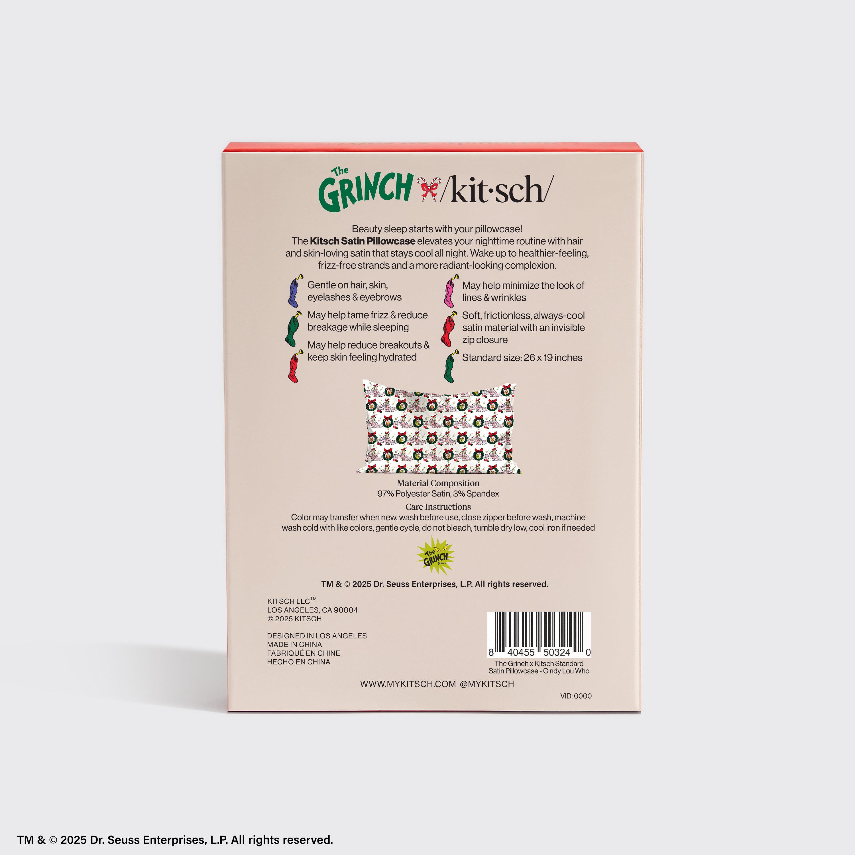 The Grinch x Kitsch Satin Pillowcase in Cindy Lou Who