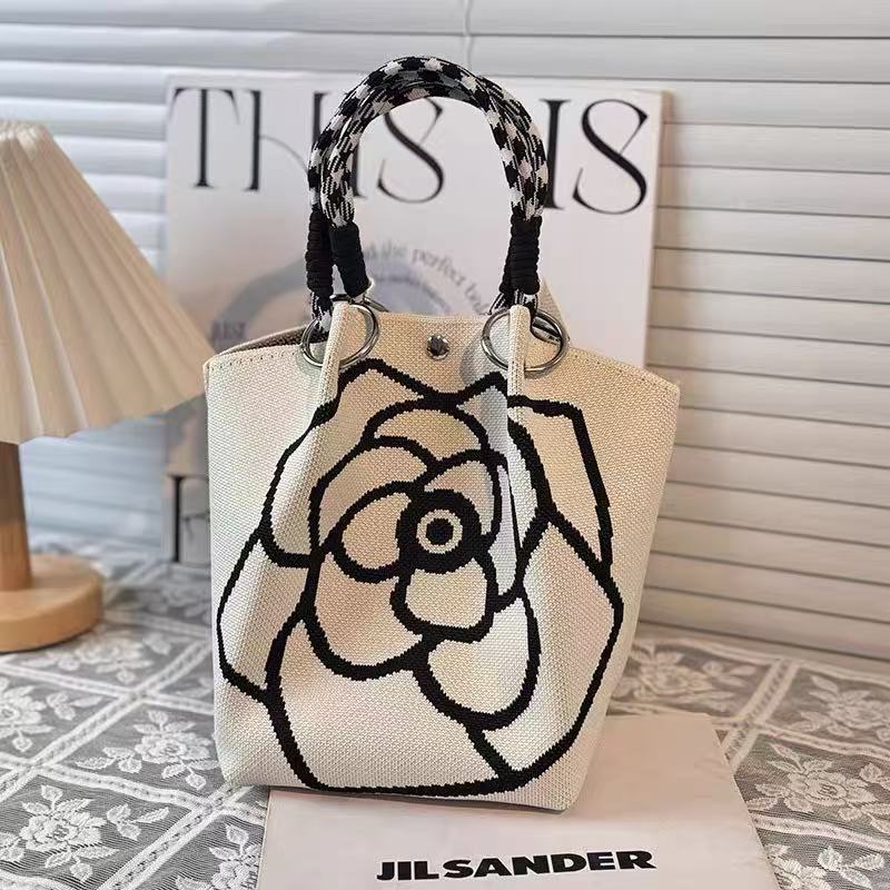 Unique Creative Floral Cartoon Handbag Knitted Bag Commuter Bag Portable Cute Woven Shopping Tote