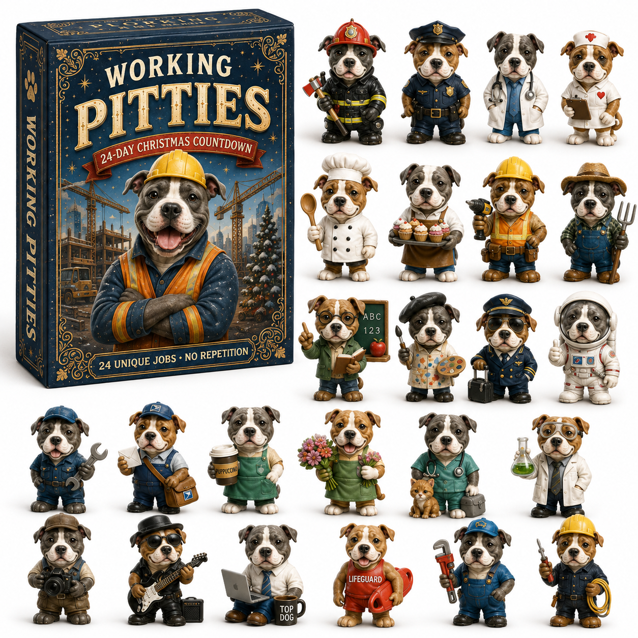 2026 Working Pitties 24-Day Christmas Countdown Calendar – 24 Unique Career Pit Bull Miniatures, Funny Working Dog Collector’s Gift for Pittie Lovers