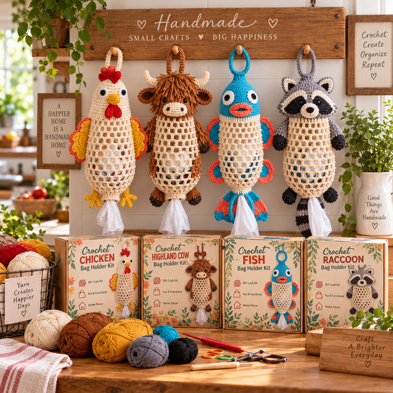 🧘Step-by-Step Guide Included🧶Crochet Animal Bag Holder Kit – Cute & Functional DIY Home Storage