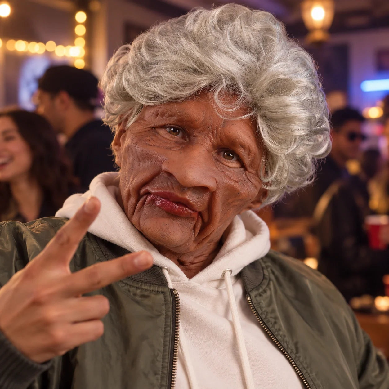 Elderly Woman Silicone Mask with Curly Silver Hair
