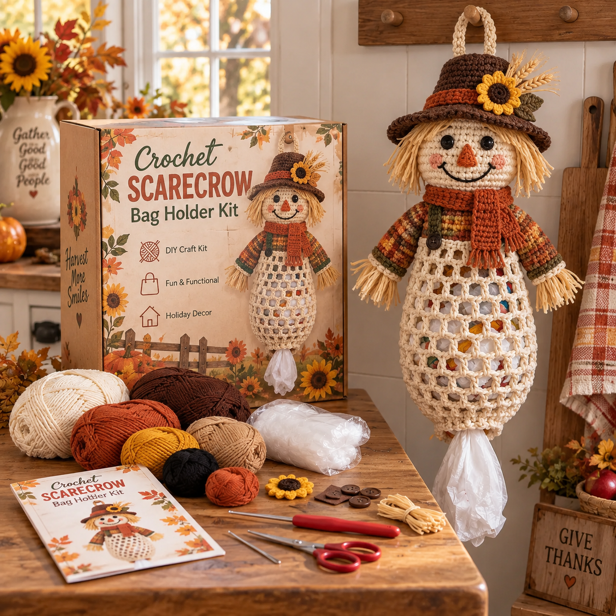 Grateful Harvest™ Thanksgiving Crochet Bag Holder DIY Kit – Functional Fall Kitchen Decor Craft Kit