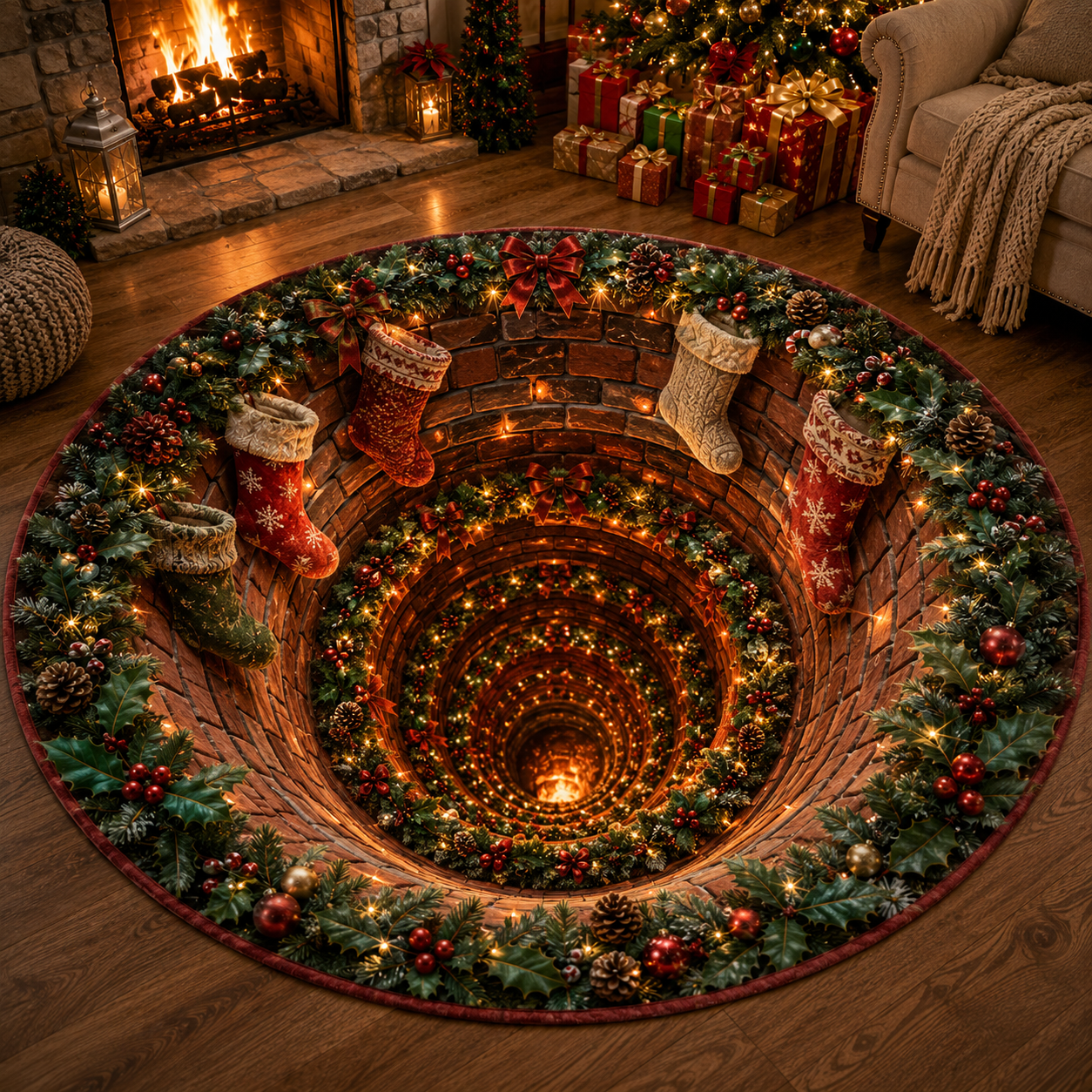 Christmas 3D Vortex Optical Illusion Round Rug, Non Slip Decorative Floor Mat, Festive Visual Trap Design, Xmas Home Decoration Gift for Family and Holiday Party Lovers