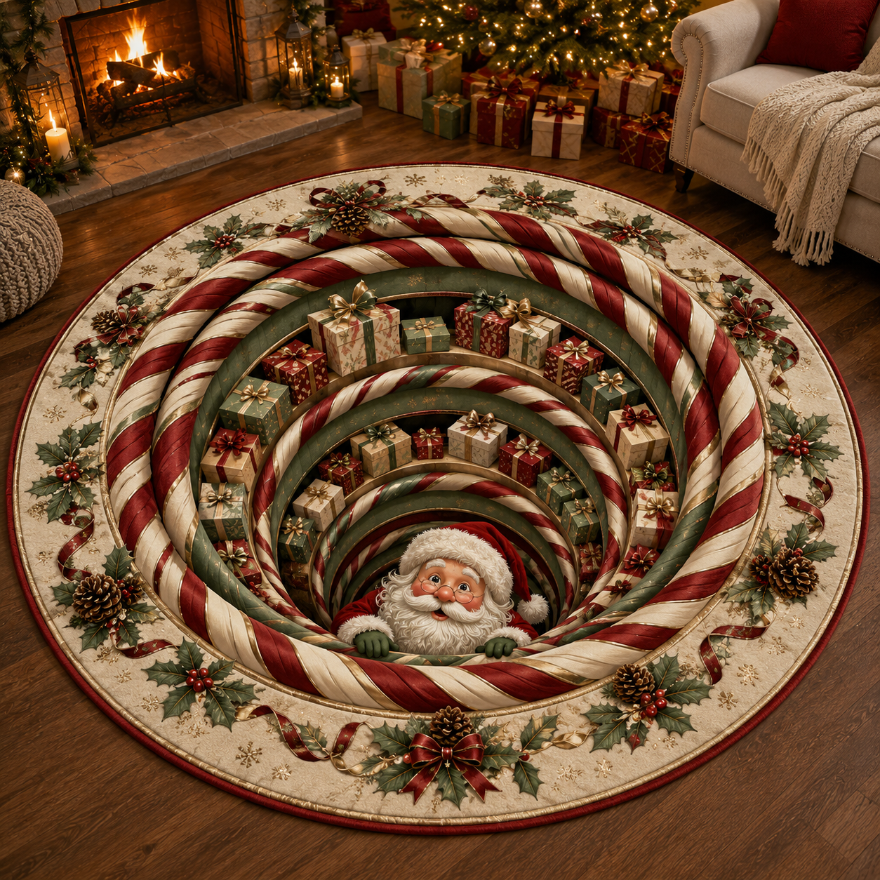 Christmas 3D Vortex Optical Illusion Round Rug, Non Slip Decorative Floor Mat, Festive Visual Trap Design, Xmas Home Decoration Gift for Family and Holiday Party Lovers