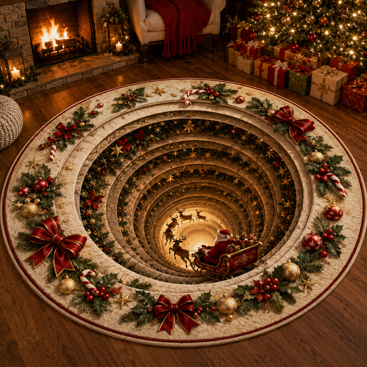 Christmas 3D Vortex Optical Illusion Round Rug, Non Slip Decorative Floor Mat, Festive Visual Trap Design, Xmas Home Decoration Gift for Family and Holiday Party Lovers