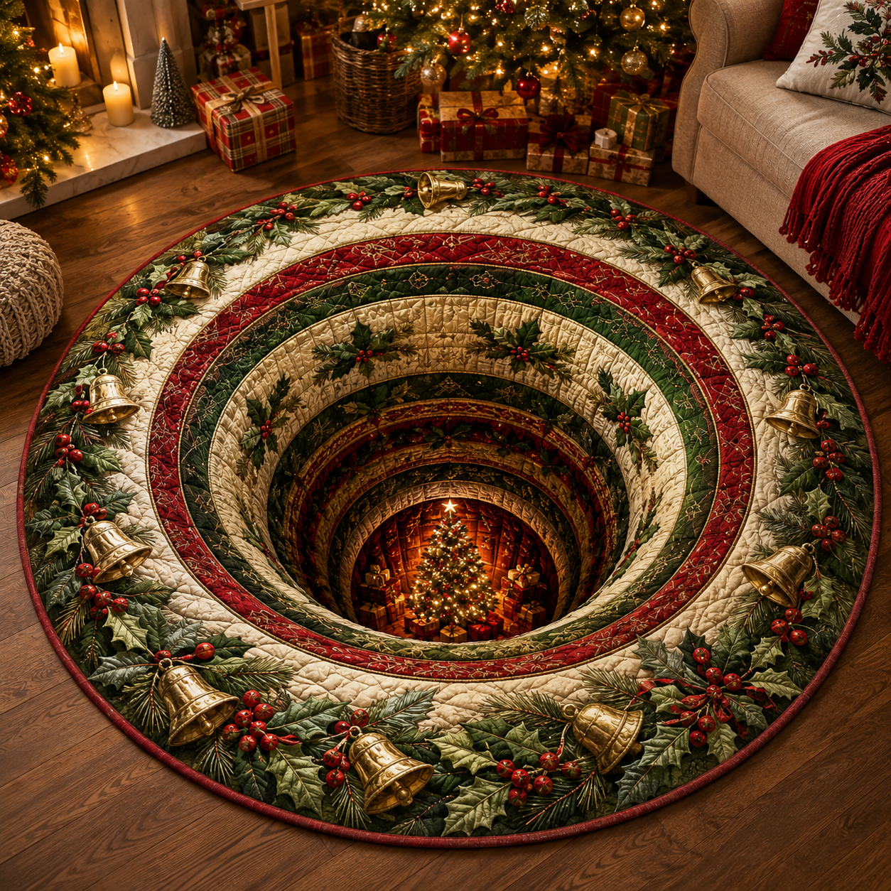Christmas 3D Vortex Optical Illusion Round Rug, Non Slip Decorative Floor Mat, Festive Visual Trap Design, Xmas Home Decoration Gift for Family and Holiday Party Lovers