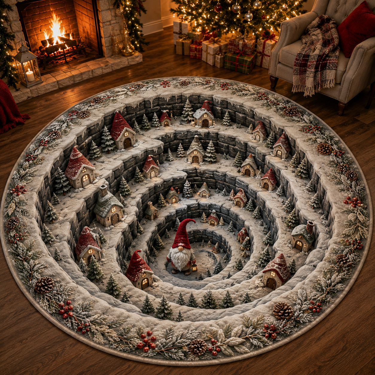 Christmas 3D Vortex Optical Illusion Round Rug, Non Slip Decorative Floor Mat, Festive Visual Trap Design, Xmas Home Decoration Gift for Family and Holiday Party Lovers