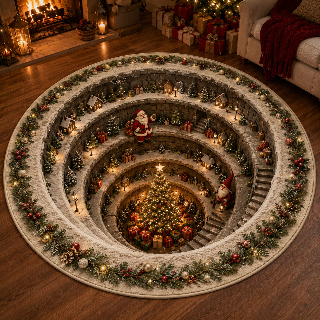 Christmas 3D Vortex Optical Illusion Round Rug, Non Slip Decorative Floor Mat, Festive Visual Trap Design, Xmas Home Decoration Gift for Family and Holiday Party Lovers