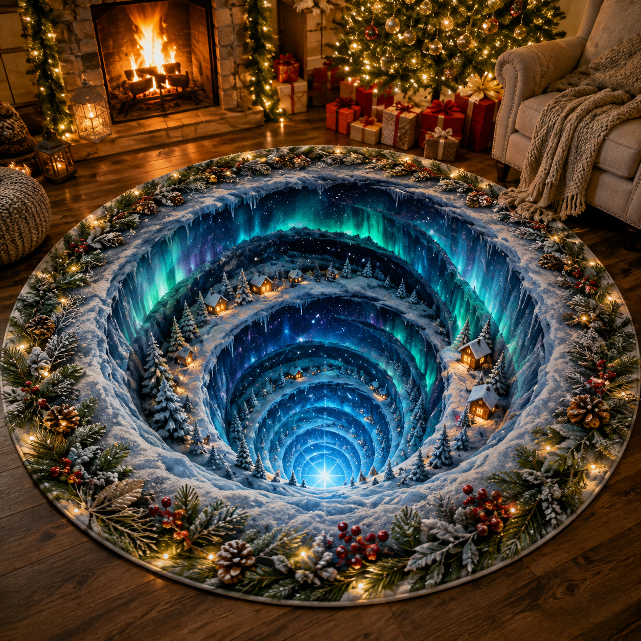Christmas 3D Vortex Optical Illusion Round Rug, Non Slip Decorative Floor Mat, Festive Visual Trap Design, Xmas Home Decoration Gift for Family and Holiday Party Lovers