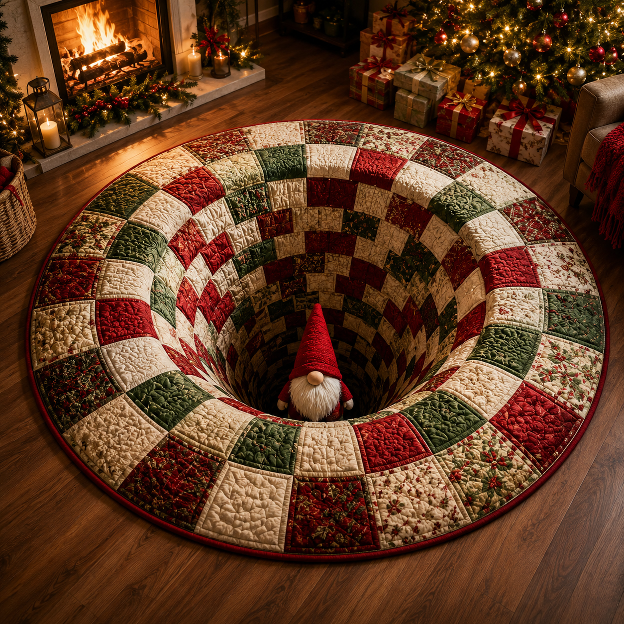 Christmas 3D Vortex Optical Illusion Round Rug, Non Slip Decorative Floor Mat, Festive Visual Trap Design, Xmas Home Decoration Gift for Family and Holiday Party Lovers