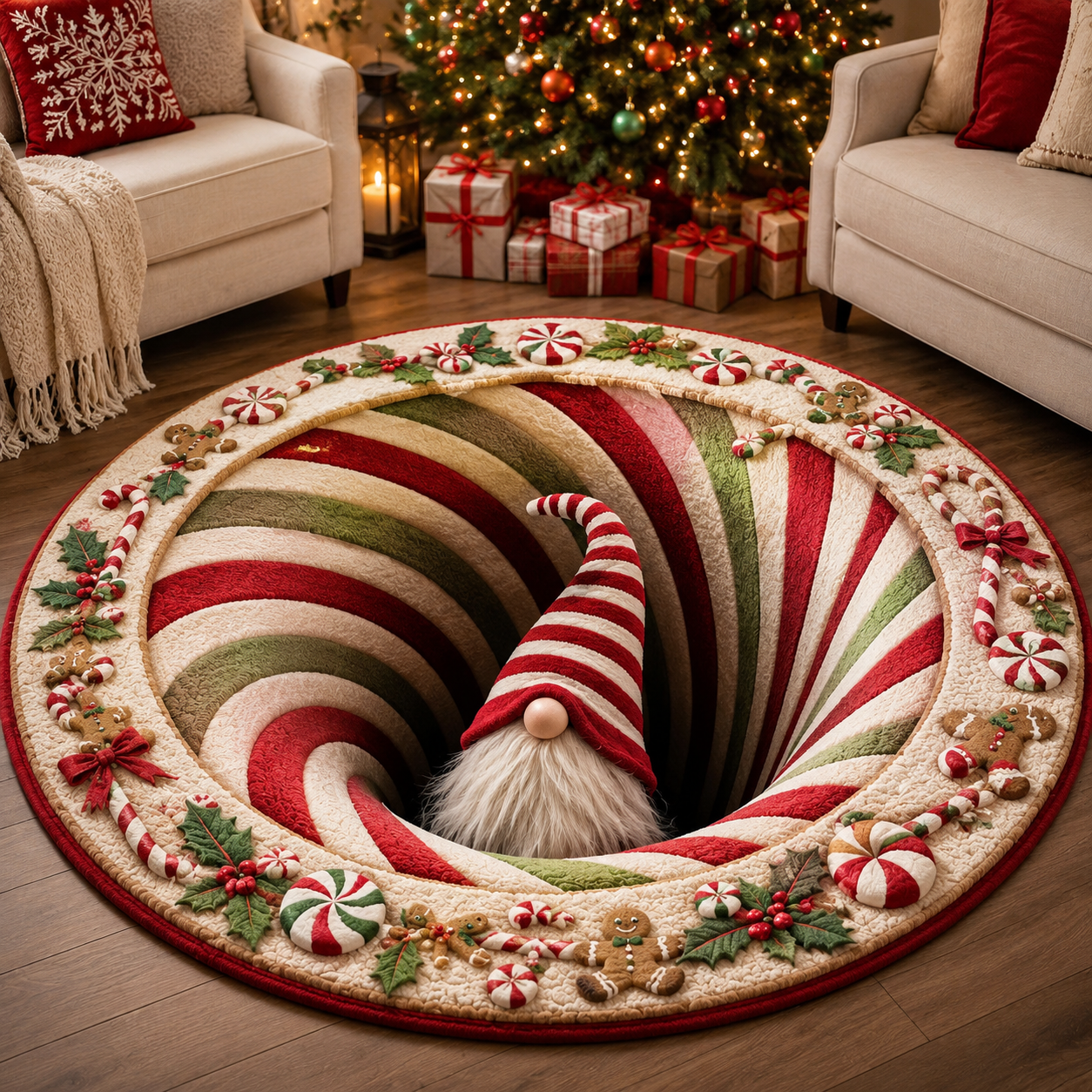 Christmas 3D Vortex Optical Illusion Round Rug, Non Slip Decorative Floor Mat, Festive Visual Trap Design, Xmas Home Decoration Gift for Family and Holiday Party Lovers