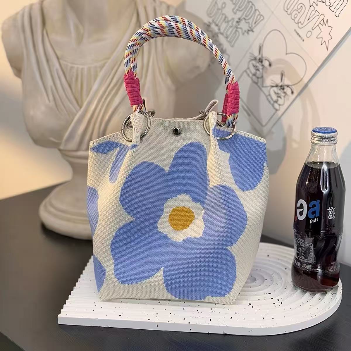 Unique Creative Floral Cartoon Handbag Knitted Bag Commuter Bag Portable Cute Woven Shopping Tote