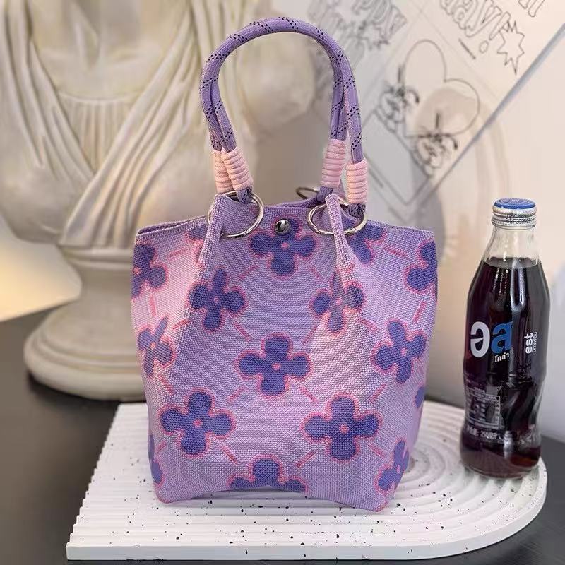 Unique Creative Floral Cartoon Handbag Knitted Bag Commuter Bag Portable Cute Woven Shopping Tote