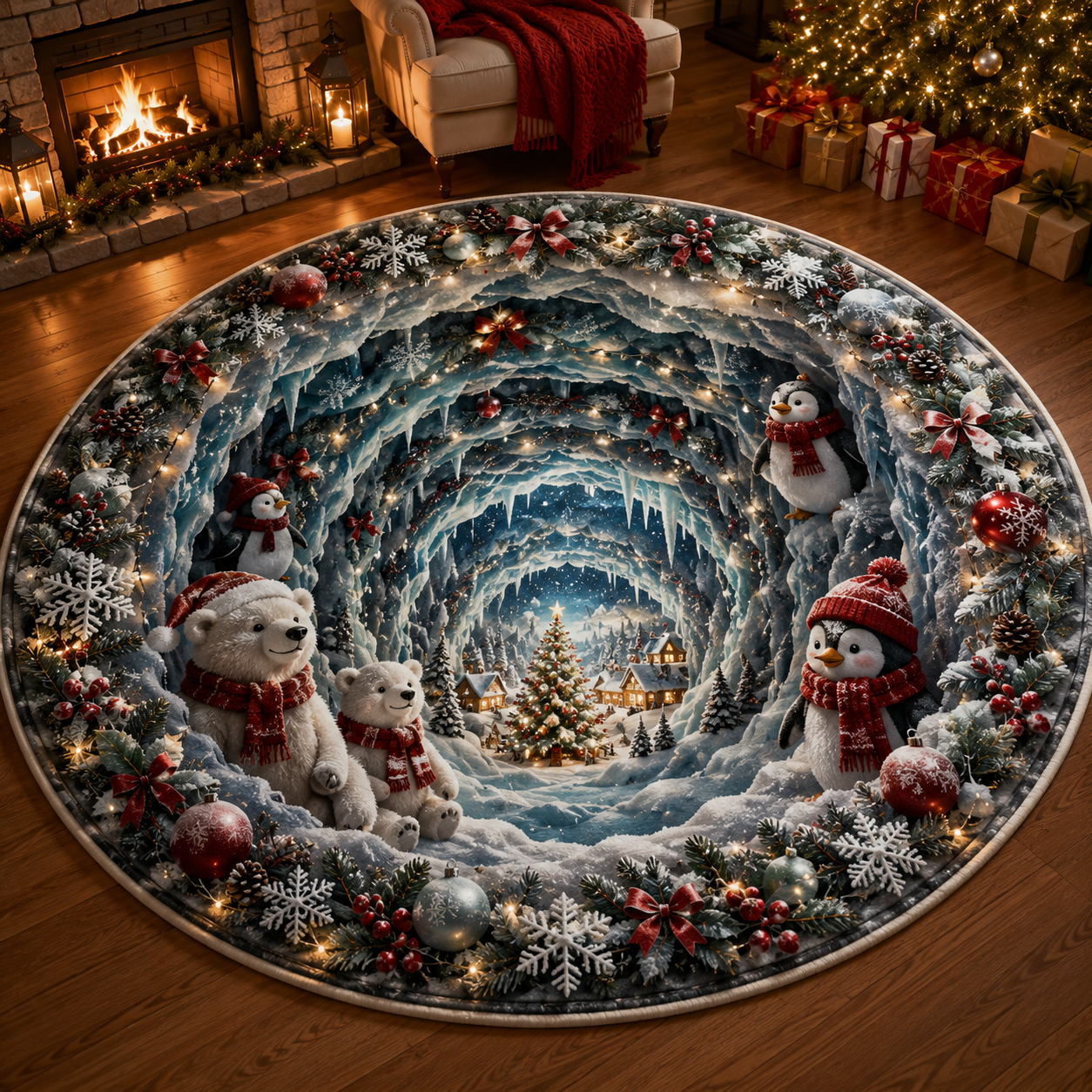 Christmas 3D Vortex Optical Illusion Round Rug, Non Slip Decorative Floor Mat, Festive Visual Trap Design, Xmas Home Decoration Gift for Family and Holiday Party Lovers