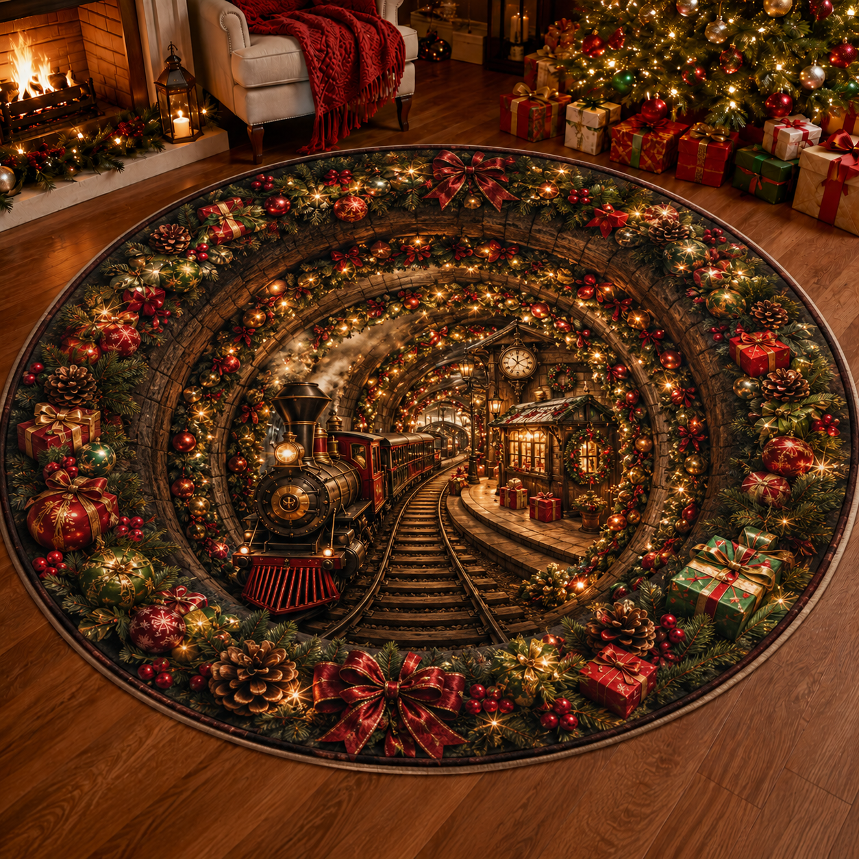 Christmas 3D Vortex Optical Illusion Round Rug, Non Slip Decorative Floor Mat, Festive Visual Trap Design, Xmas Home Decoration Gift for Family and Holiday Party Lovers