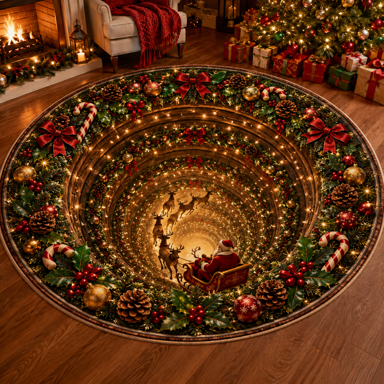 Christmas 3D Vortex Optical Illusion Round Rug, Non Slip Decorative Floor Mat, Festive Visual Trap Design, Xmas Home Decoration Gift for Family and Holiday Party Lovers