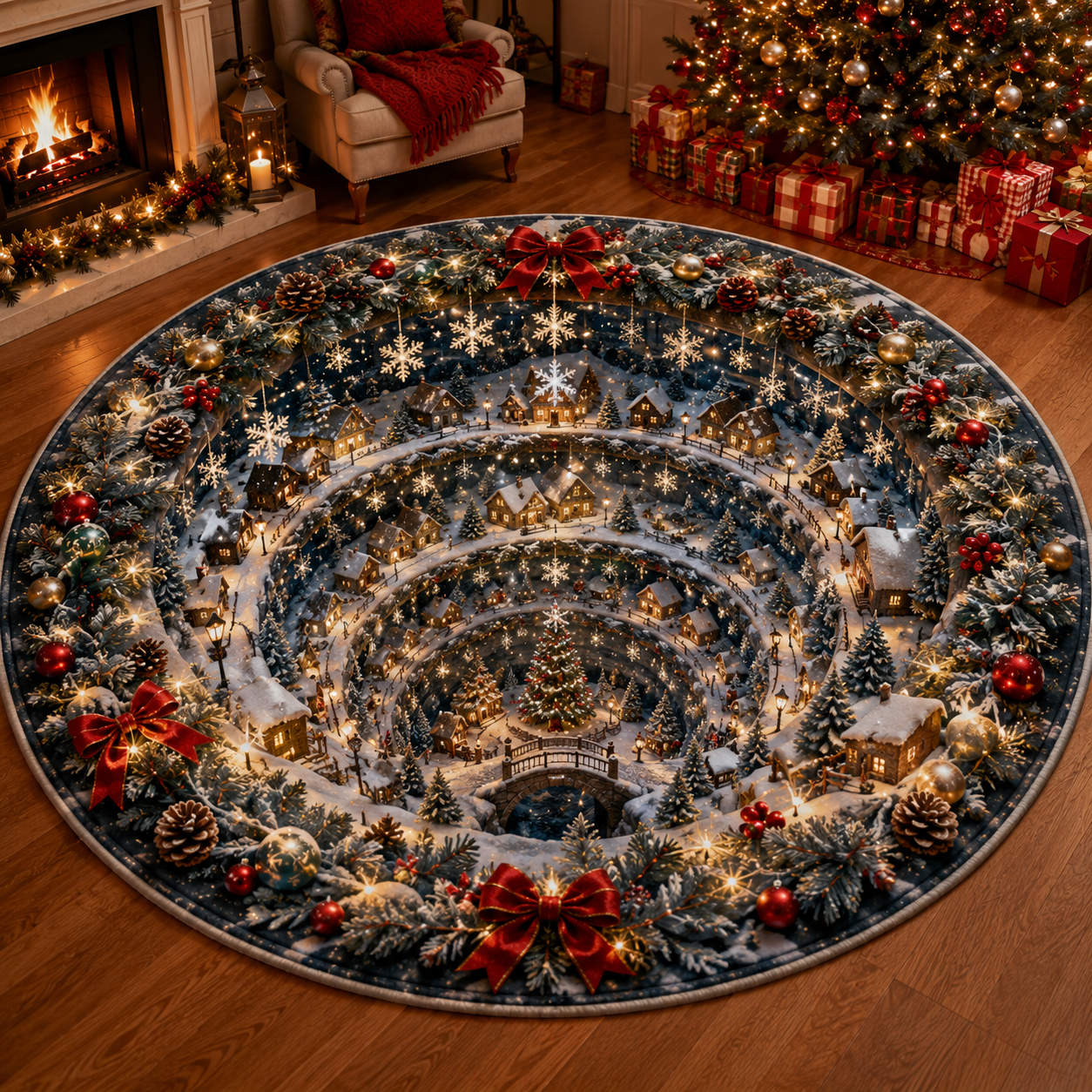 Christmas 3D Vortex Optical Illusion Round Rug, Non Slip Decorative Floor Mat, Festive Visual Trap Design, Xmas Home Decoration Gift for Family and Holiday Party Lovers