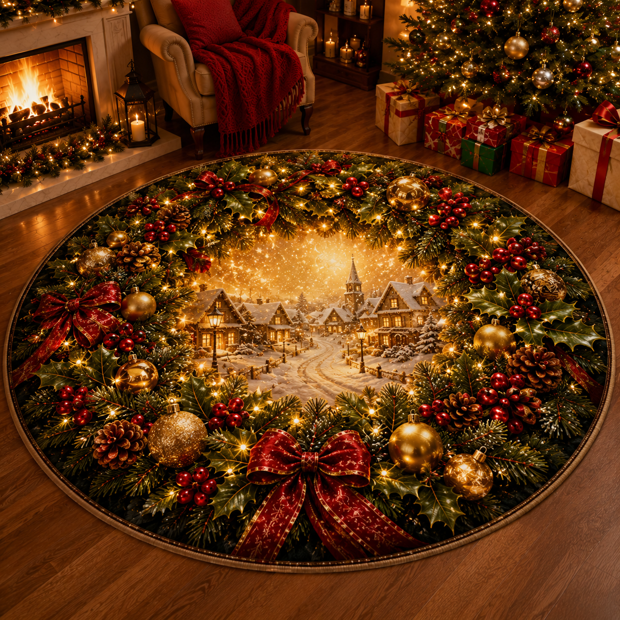 Christmas 3D Vortex Optical Illusion Round Rug, Non Slip Decorative Floor Mat, Festive Visual Trap Design, Xmas Home Decoration Gift for Family and Holiday Party Lovers