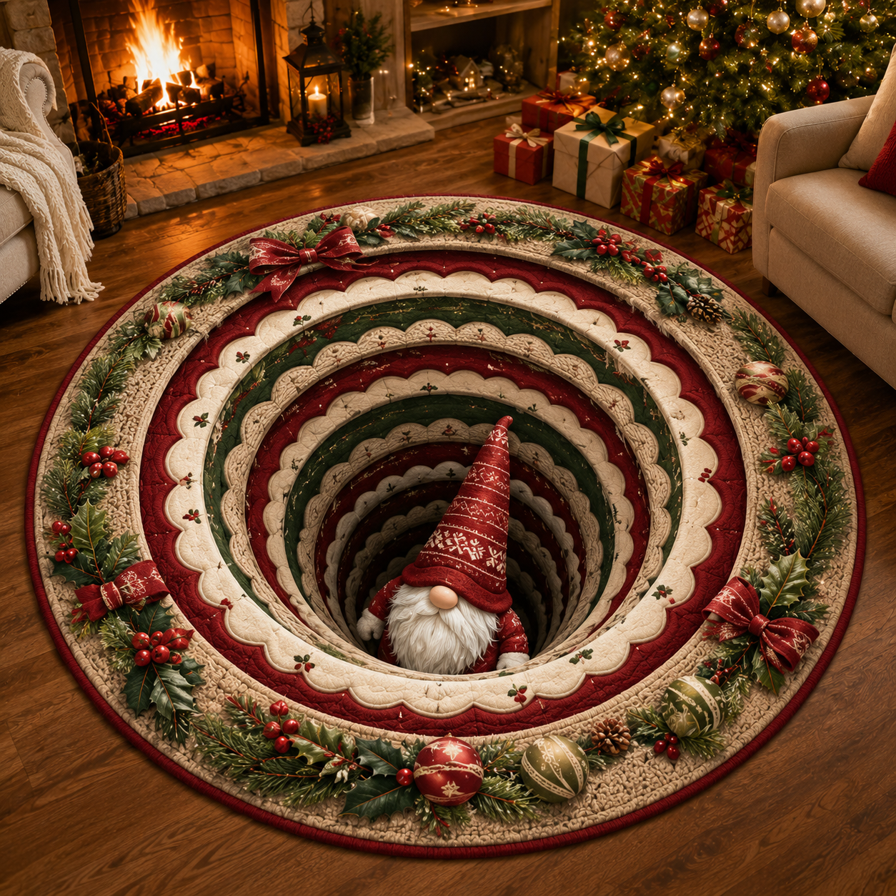 Christmas 3D Vortex Optical Illusion Round Rug, Non Slip Decorative Floor Mat, Festive Visual Trap Design, Xmas Home Decoration Gift for Family and Holiday Party Lovers