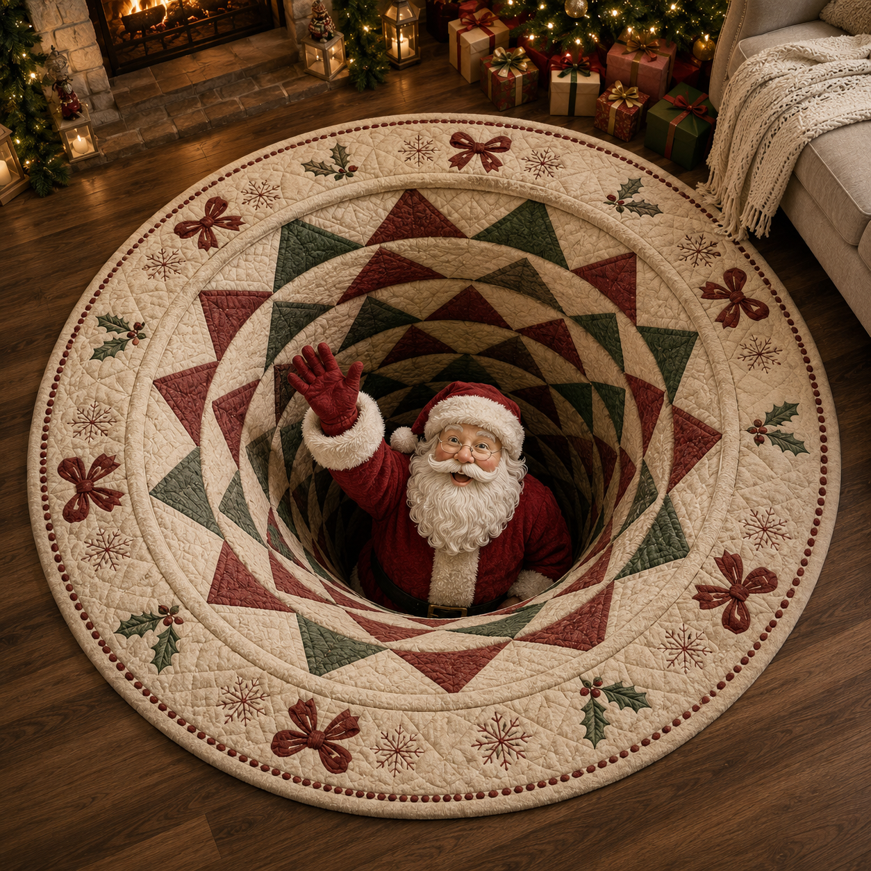 Christmas 3D Vortex Optical Illusion Round Rug, Non Slip Decorative Floor Mat, Festive Visual Trap Design, Xmas Home Decoration Gift for Family and Holiday Party Lovers
