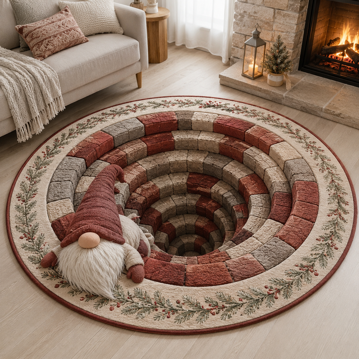 Christmas 3D Vortex Optical Illusion Round Rug, Non Slip Decorative Floor Mat, Festive Visual Trap Design, Xmas Home Decoration Gift for Family and Holiday Party Lovers