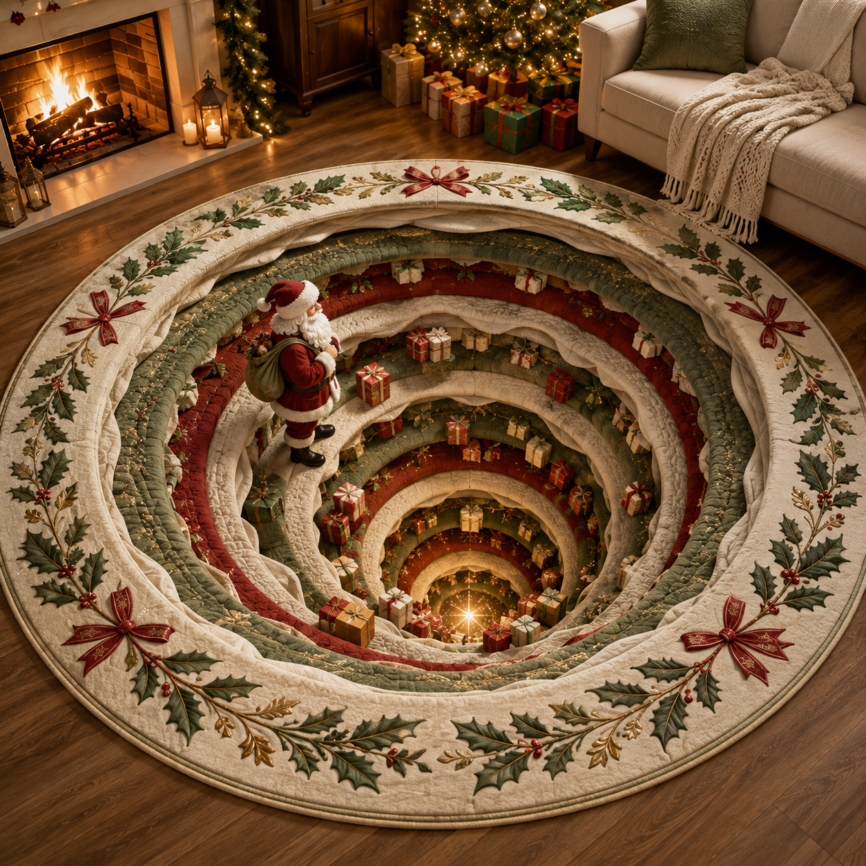 Christmas 3D Vortex Optical Illusion Round Rug, Non Slip Decorative Floor Mat, Festive Visual Trap Design, Xmas Home Decoration Gift for Family and Holiday Party Lovers