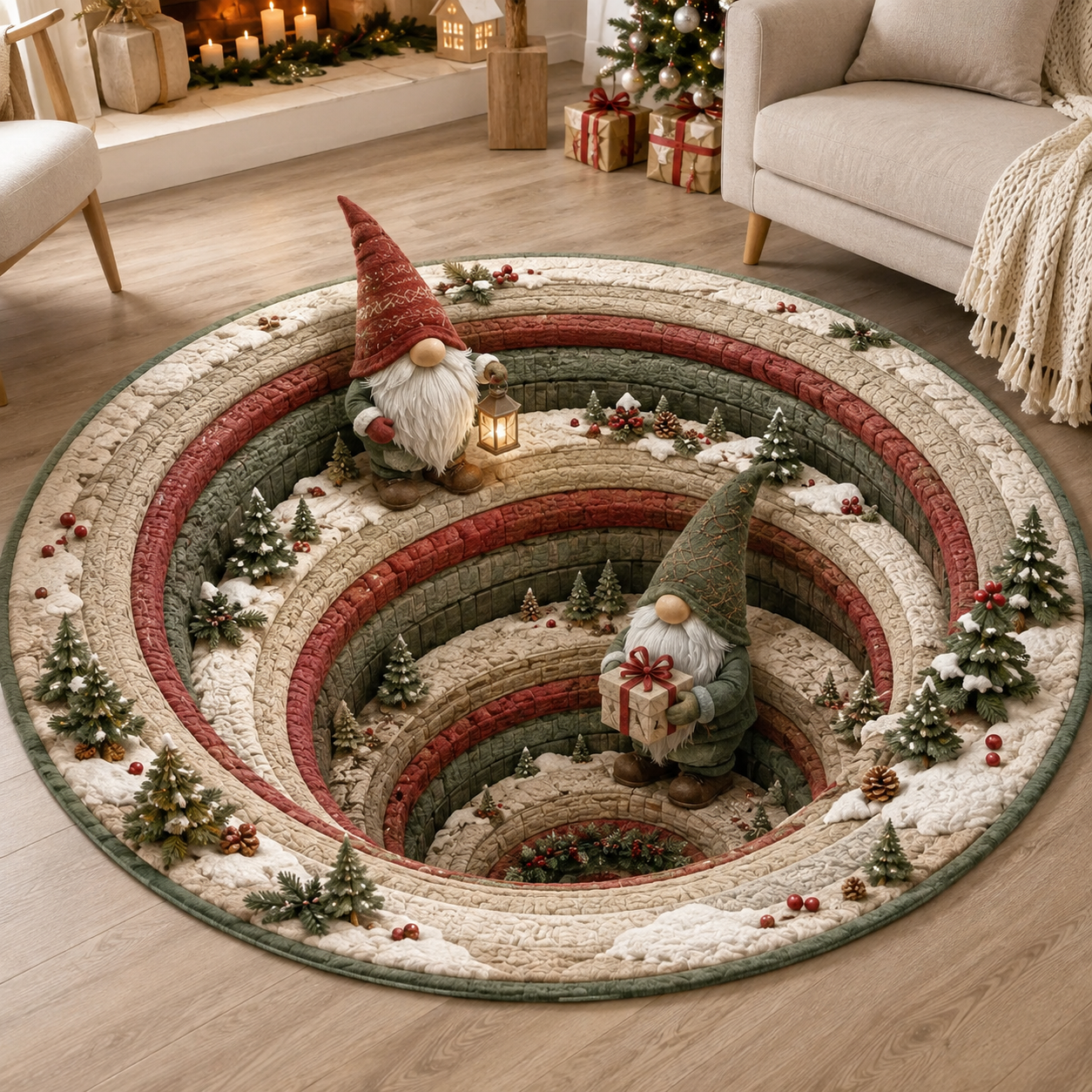 Christmas 3D Vortex Optical Illusion Round Rug, Non Slip Decorative Floor Mat, Festive Visual Trap Design, Xmas Home Decoration Gift for Family and Holiday Party Lovers