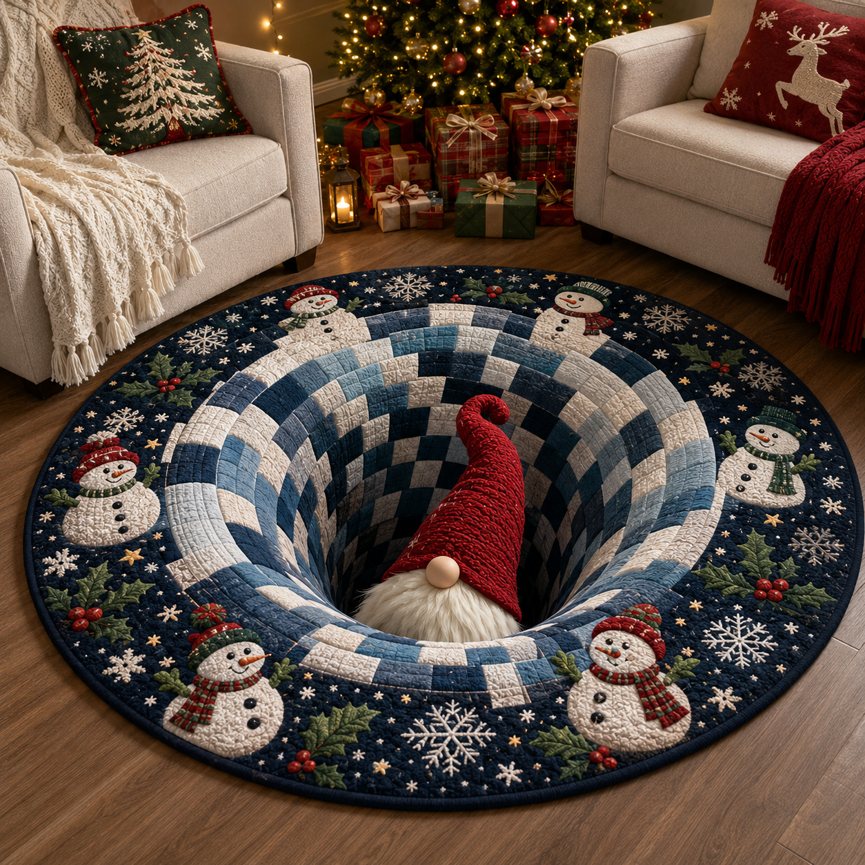 Christmas 3D Vortex Optical Illusion Round Rug, Non Slip Decorative Floor Mat, Festive Visual Trap Design, Xmas Home Decoration Gift for Family and Holiday Party Lovers