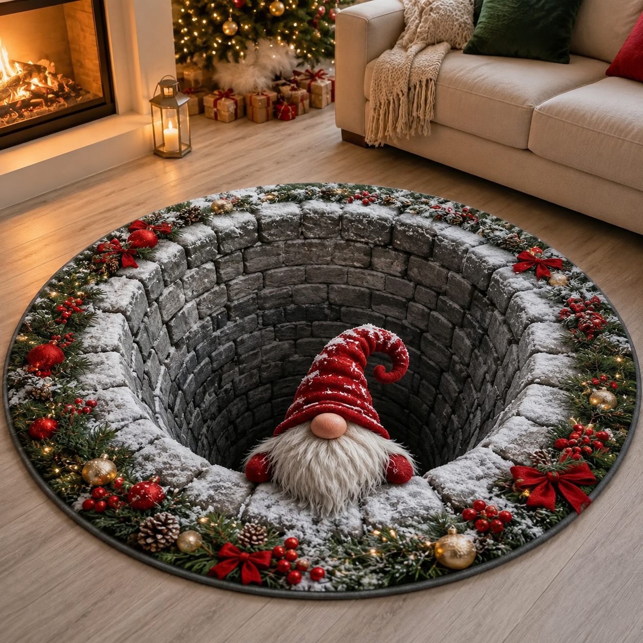 Christmas 3D Vortex Optical Illusion Round Rug, Non Slip Decorative Floor Mat, Festive Visual Trap Design, Xmas Home Decoration Gift for Family and Holiday Party Lovers