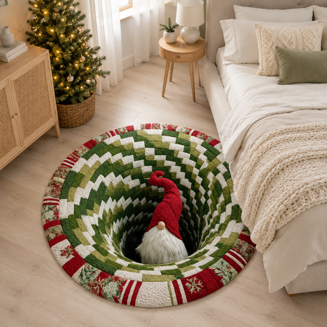 Christmas 3D Vortex Optical Illusion Round Rug, Non Slip Decorative Floor Mat, Festive Visual Trap Design, Xmas Home Decoration Gift for Family and Holiday Party Lovers