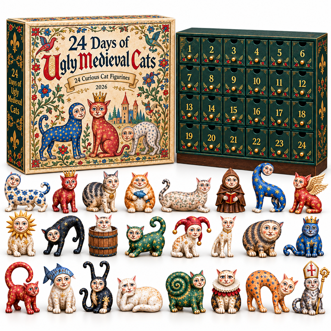 2026 Ugly Medieval Cats Advent Calendar – 24 Unique Collectible Cat Figurines for a Quirky Christmas Countdown