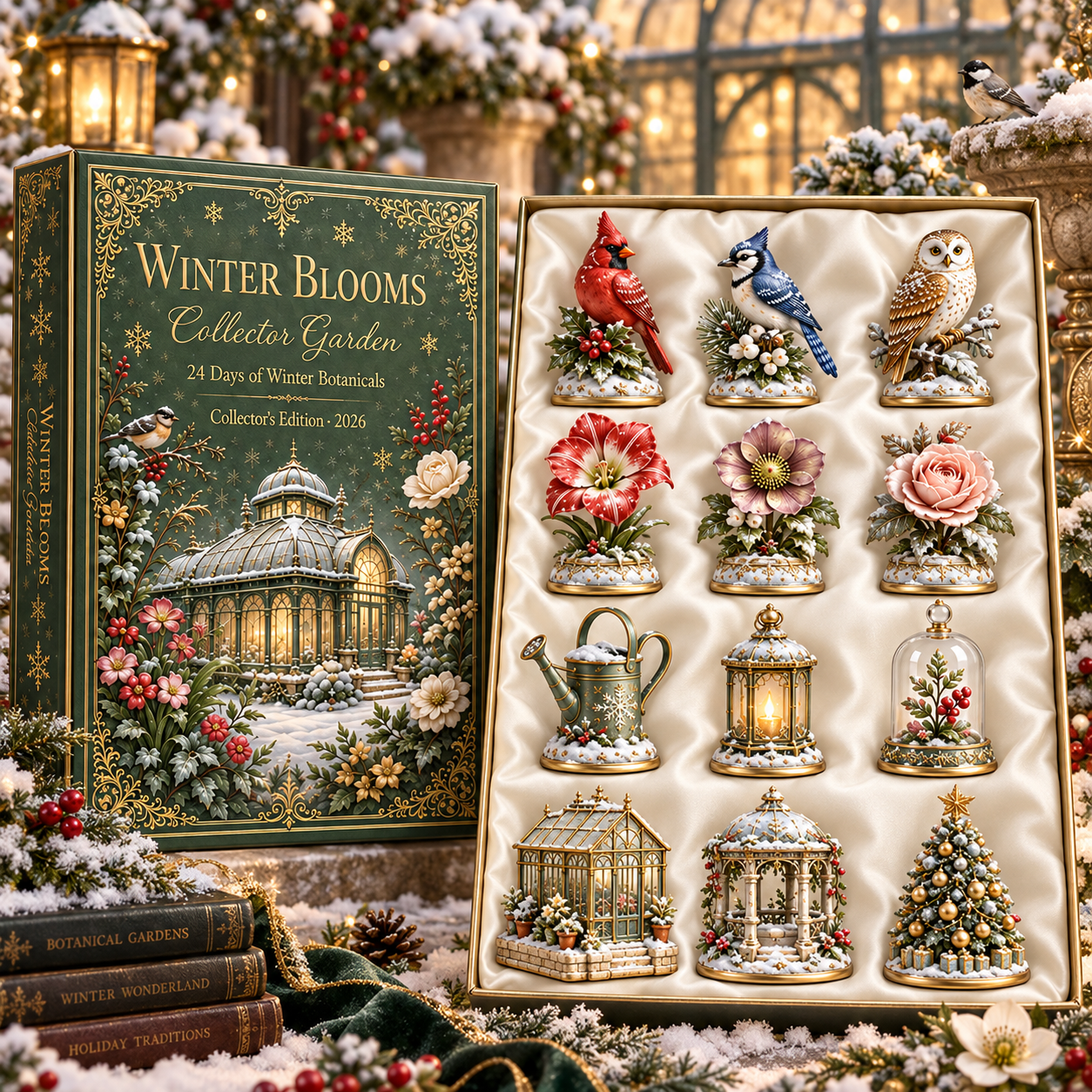 2026 Winter Blooms Collector Garden 24-Day Countdown Calendar – 24 Unique Winter Birds, Flowers & Garden Miniatures, Elegant Botanical Christmas Gift