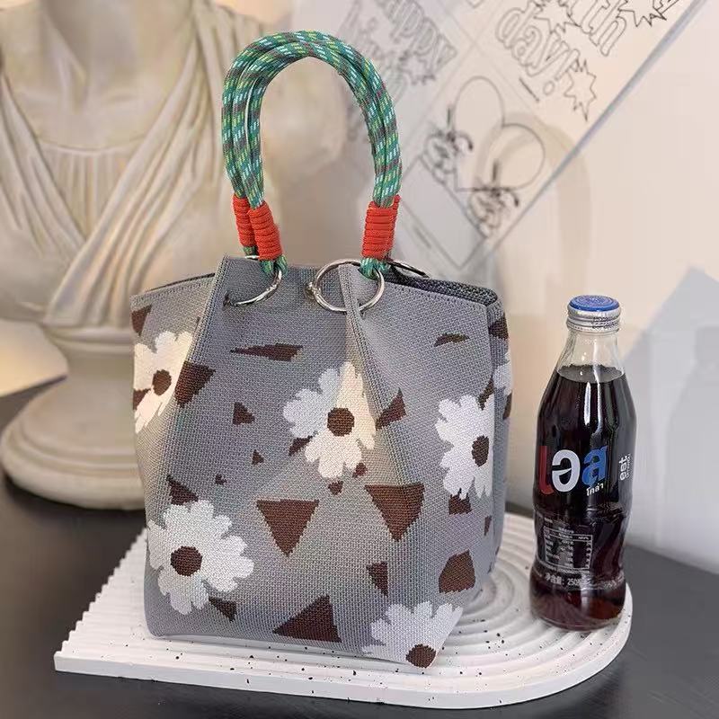 Unique Creative Floral Cartoon Handbag Knitted Bag Commuter Bag Portable Cute Woven Shopping Tote