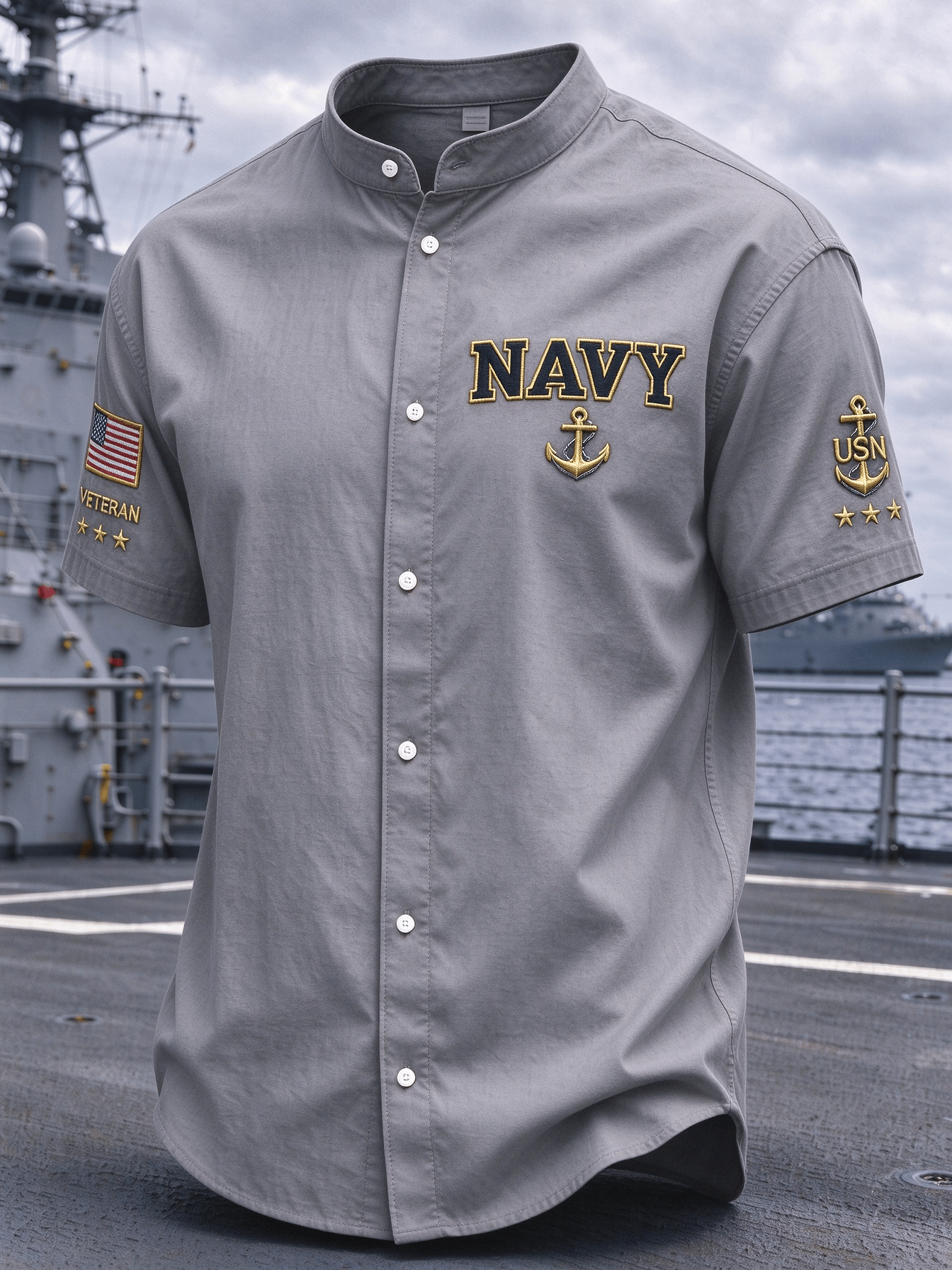 Men's American Veterans Print Stand-Up Collar Shirt