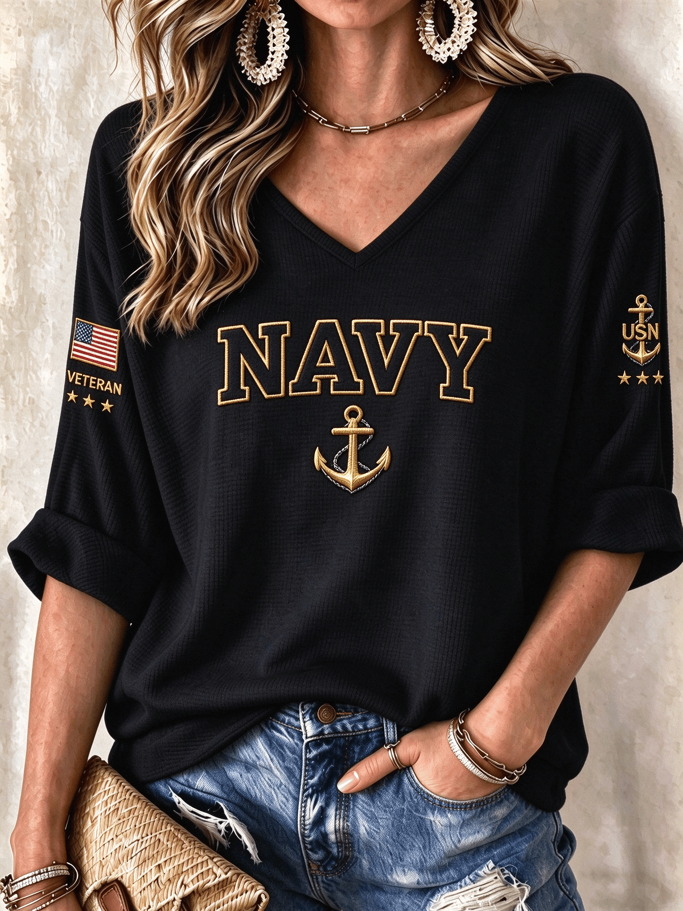 Women's American Veterans Leisure Print Waffle Top