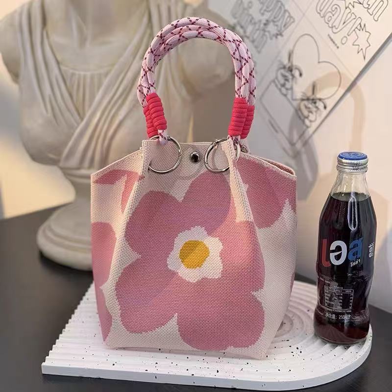 Unique Creative Floral Cartoon Handbag Knitted Bag Commuter Bag Portable Cute Woven Shopping Tote